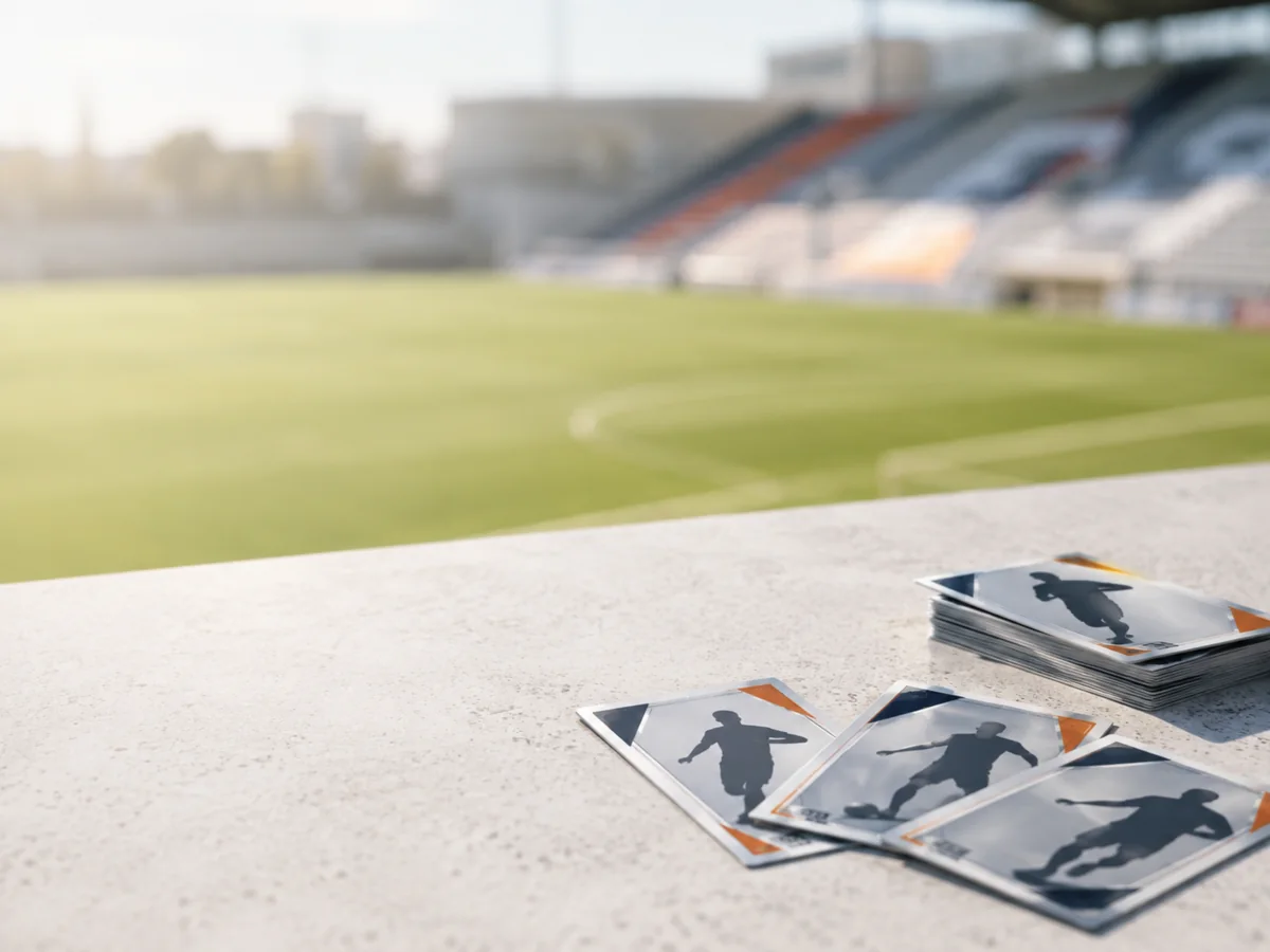 Football trading cards arranged beside a football pitch