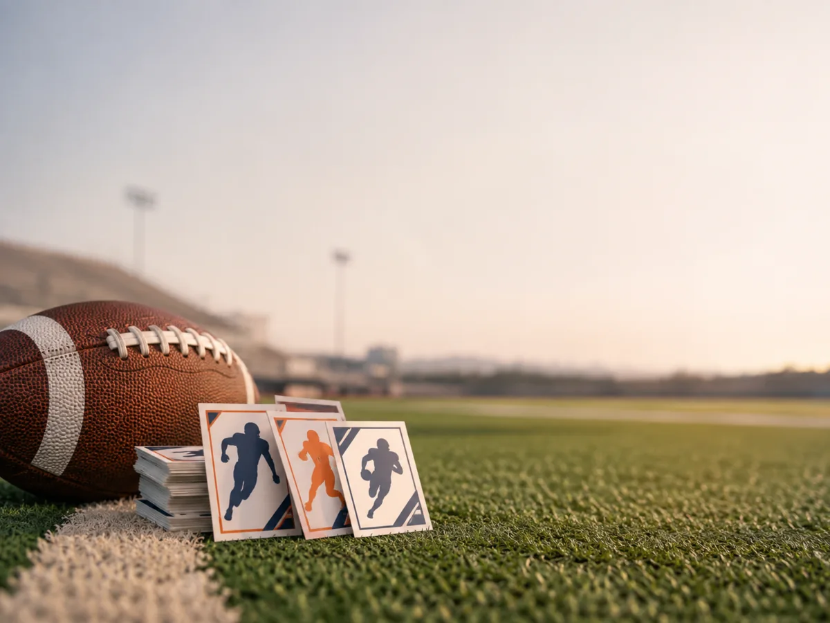 American football and trading cards prepared beside a football field
