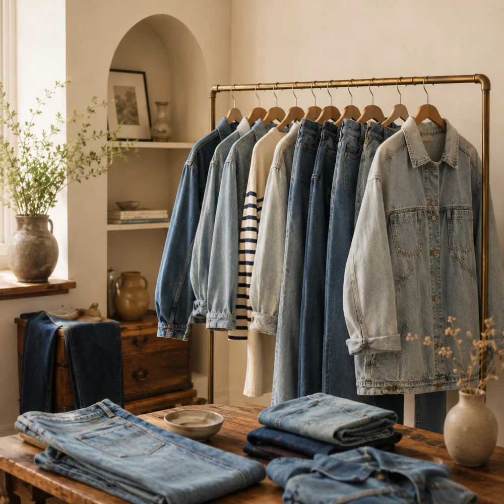 Folded blue denim in several washes