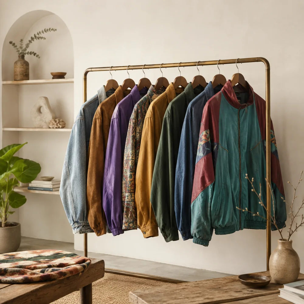 A curated rail of colourful vintage jackets