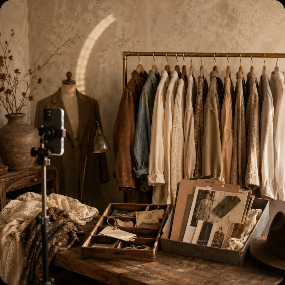 A warm editorial studio used for vintage product photography